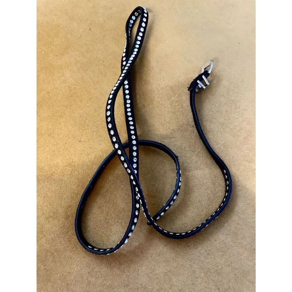 Black Leather Skinny Belt w/Rhinestone L